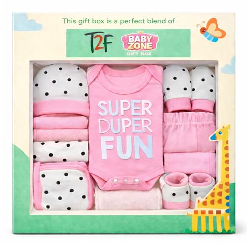 Image of T2F 13 Pcs Newborn Baby Girl /Boy Gift Set, Premium Pink /Blue 100% Cotton Baby Clothing Gift Box with Bodysuit, T-Shirt, Cap, Mittens, Booties, Bib, Pants, Shorts, Towel & Wash Cloths