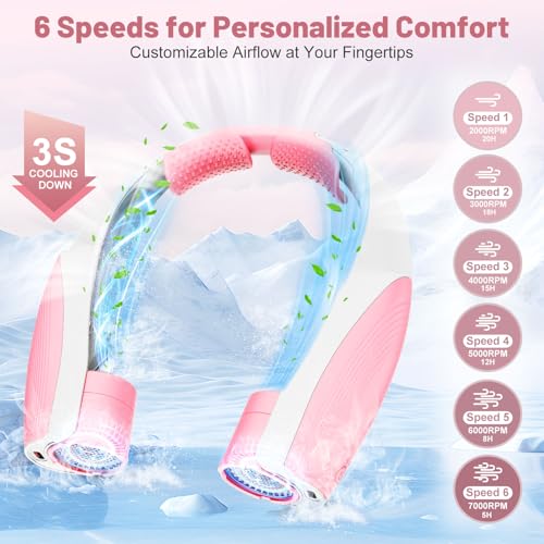 Image of AI Portable Neck Fan with 6 Powerful Speeds, 8000mAh Battery Operated USB-C Rechargeable Fan, Hands-Free 360 Cooling Neck Fan,Twistable,Ultra-Quiet Personal Fan for Women Mother Office Travel(Pink)