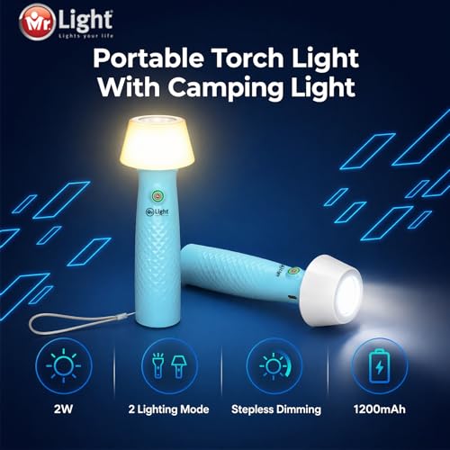 Image of Mr.Light Torch Light Rechargeable with Warm Lamp, 2-in-1 Stepless Dimming Flashlight, Long Runtime 1200mAh Battery, USB-C Charging, Portable for Home, Camping, Power Outage & Daily Use(Aqua Green)