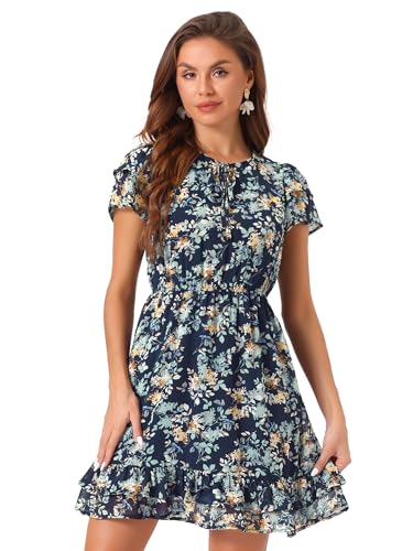 Image of Allegra K Women's Ruffle Sleeve Self-Tie V Neck Flowy Ruffled A-Line Floral Chiffon Dress