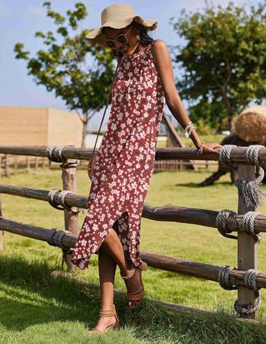 Image of Zeagoo Women Floral Summer Casual Beach Printed Tank Dress with Pockets Pleated Front Long Dress