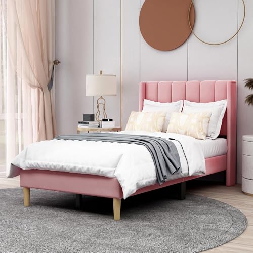 Image of AGARTT Upholstered Platform Bed Frame Twin Size, Pink Velvet
