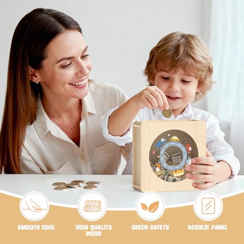 Image of Summidate Wooden Money Saving Box, Clear Window Cash Vault Savings Box with DIY Stickers, Personalized Car Piggy Bank for Kids & Adults, Birthday /Baby Shower /Wedding Gift