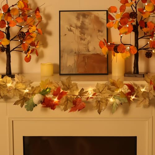 Image of Fall Garland with Lights, 5.6FT Lighted Fall Leaves Garland with Pumpkins, Battery Powered Maple Leaf Decorations for Home, Thanksgiving Fall Decorations Fireplace Proch Indoor, Timer