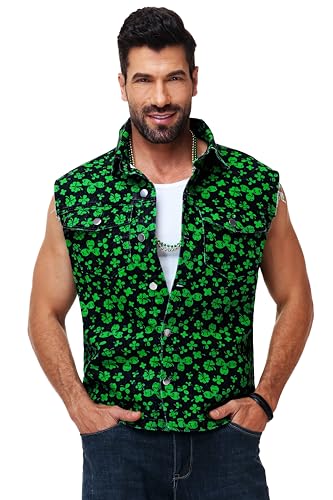 Image of AOBUTE Mens 4th of July Denim Vest American Flag Print Sleeveless Jean Jacket