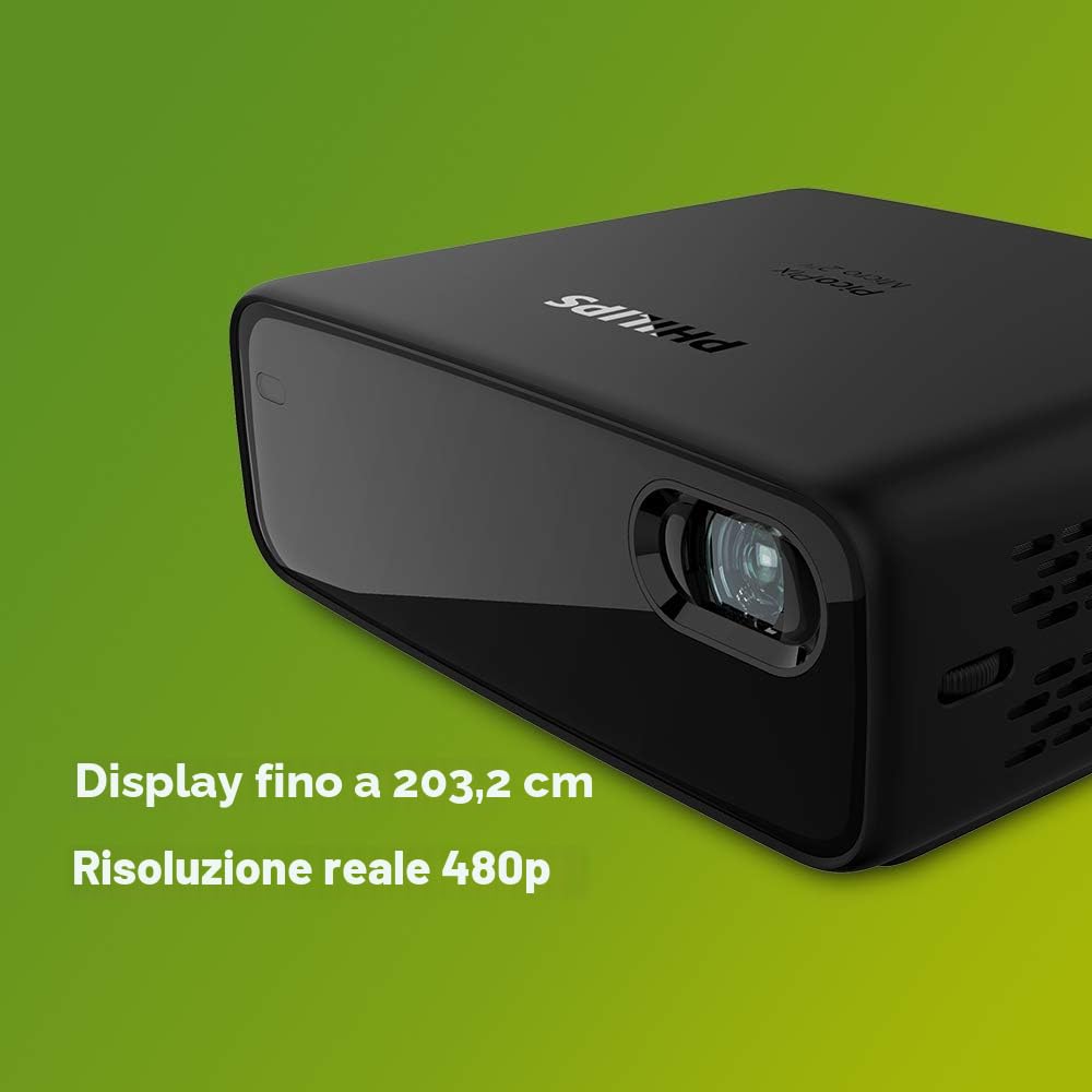 Philips PicoPix Micro 2TV, proiettore portatile, LED DLP, Altoparlanti stereo, batteria da 4 ore, Android TV integrato, HDMI, USB-C, nero