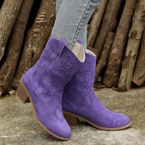 Women Western Cowboy Ankle Boots Wide Calf Stylish Suede Chunky Block High Heels Hollowing Star Embellishment Almond Toe Western Booties Comfort Breathable Dressy Gathering Shoes3