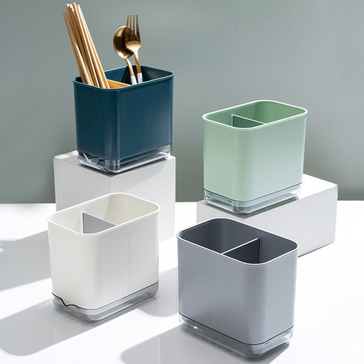 CANIGHT Organizer per Utensili da Cucina Multifunzionale Bianco, Porta Bacchette da Banco Scomparti e Scolapiatti, Portaposate Compatto per Cucchiai, Forchette e Bacchette, per Cucina