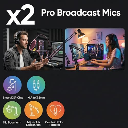 Image of 2025 Upgraded Podcast Equipment Bundle for 2, Recording Studio Kit with Dual Condenser Microphones, Audio Interface Mixer with 4 Sound Effects, Easy Setup for Podcasting, Streaming & Gaming