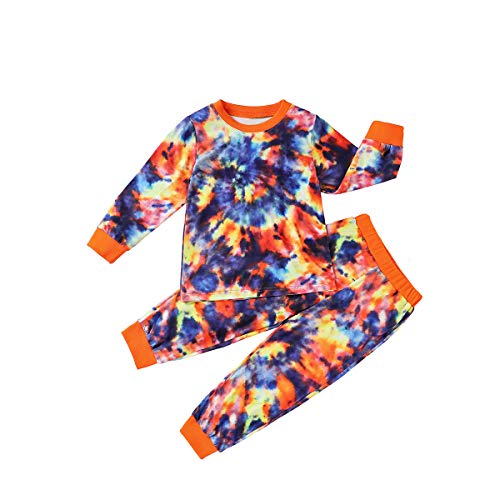 Toddler Kids Baby Boy Girl Tie Dye Pajamas Outfit Set Long Sleeve Ruffle Ribbed Sweatshirt Top T-Shirt Pants Cotton 2 Piece Pjs Sleepwear Nightwear Homewear Causal Fall Winter Clothes Colorful 4T