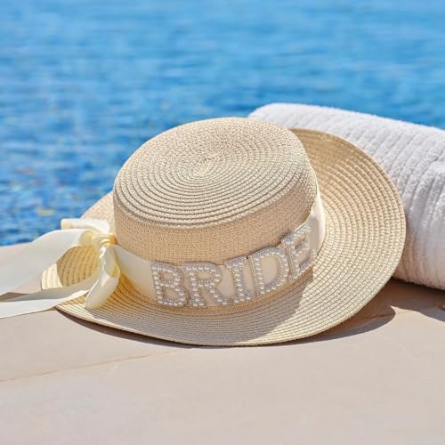 Image of Wanna Party Bride Sun Hat Brim Straw Floppy Bride Beach Hat for Women Bridal Honeymoon Wedding Party, Engagement, Bridal Shower,Bachelorette Party