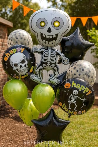 Image of AMFIN (Pack of 11) Halloween Skeleton Balloon Decoration Party Kit with Skeleton Foil Balloon, Happy Halloween Balloons, Green Chrome Balloons, and Black Confetti Balloons - Spooky Party Supplies