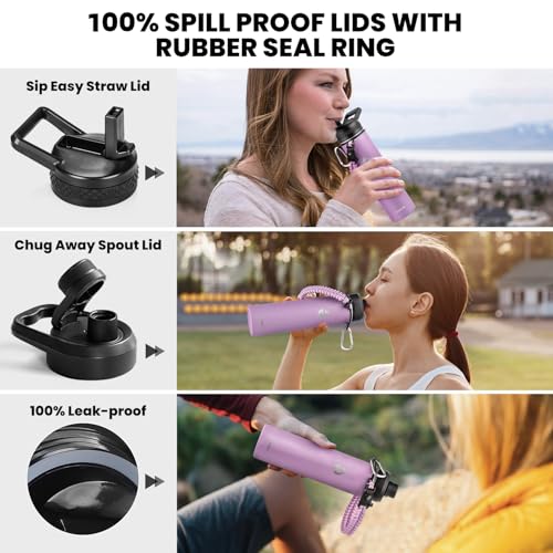 Image of RAYMYLO Insulated Water Bottle 24 oz, Triple Wall Vacuum Stainless Steel (Cold for 24Hrs, Hot for 12Hrs), Leak Proof & Non-BPA, Modern Water Flask Jug with Paracord Handle & Straw Spout Lids