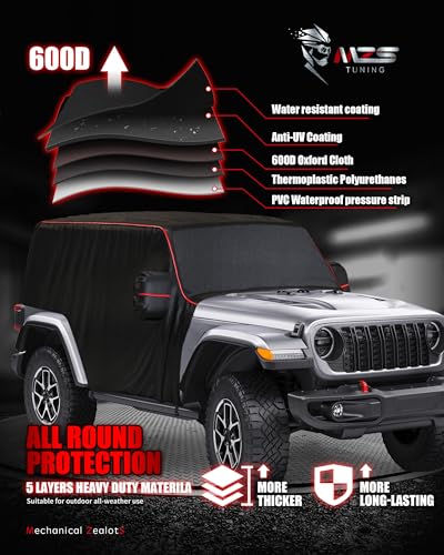 Image of MZS Cab Cover Compatible with Wrangler JK JL 2 Door 2007-2026, 600D Waterproof Wrangler Cover with Mirror Pocket 6 Gust Hook Car Half Cover Windproof Sun Snow Rain Scratch Protection