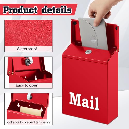 Image of MorningRo 10 x 7 x 3 Inch Small Red Wall Mount Mailbox with Lock Key for Outside Apartment Porch Rust Proof Security Key Drop Box for Letters Newspapers Cards