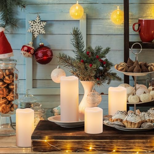 Image of Eldnacele Waterproof Flameless Flickering Candles with Remote and Timer, Battery Operated LED Pillar Candles Indoor Outdoor White Plastic Candle Pack of 4 Wedding Dinner Home Decor, D3 x H4 5 inch 6 inch 8 inch