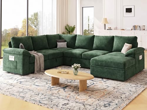 Image of 108 Inch Modular Sectional Sofa with Pull Out Bed,U Shaped 7 Seat Sectional Sleeper Sofa with Storage,Sectional Couches for Living Room,Cloud Modular Couch,Removable Sofa Cover,Green