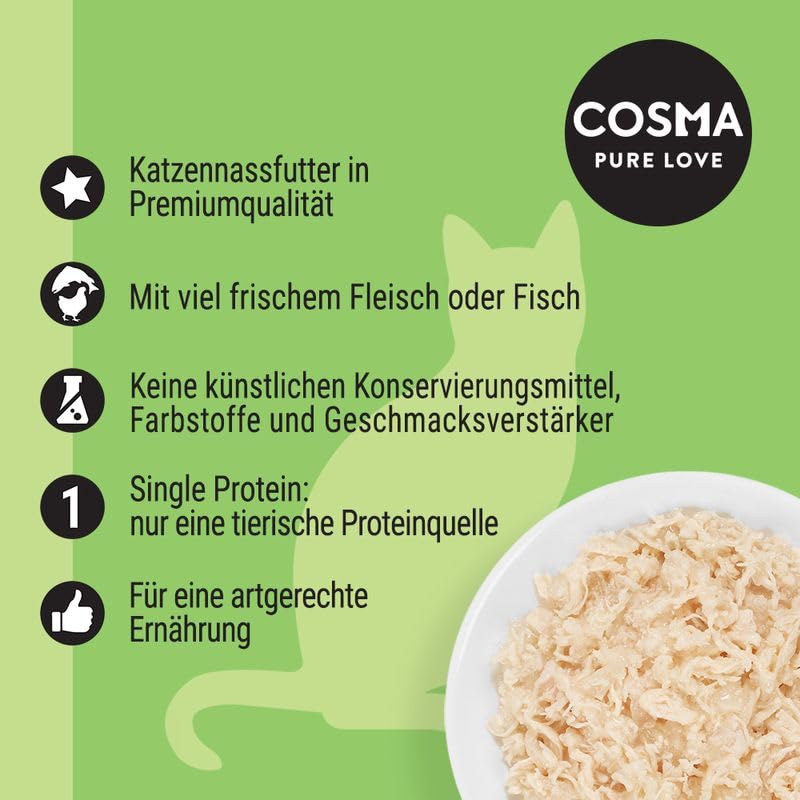 Cosma Original in Jelly Frischebeutel 100 g | Premium Nassfutter für Katzen | mit viel saftigem Fleisch oder zartem Fisch | natürlichen Geschmack | ohne Zusatzstoffe | Single Protein (6X 100g)