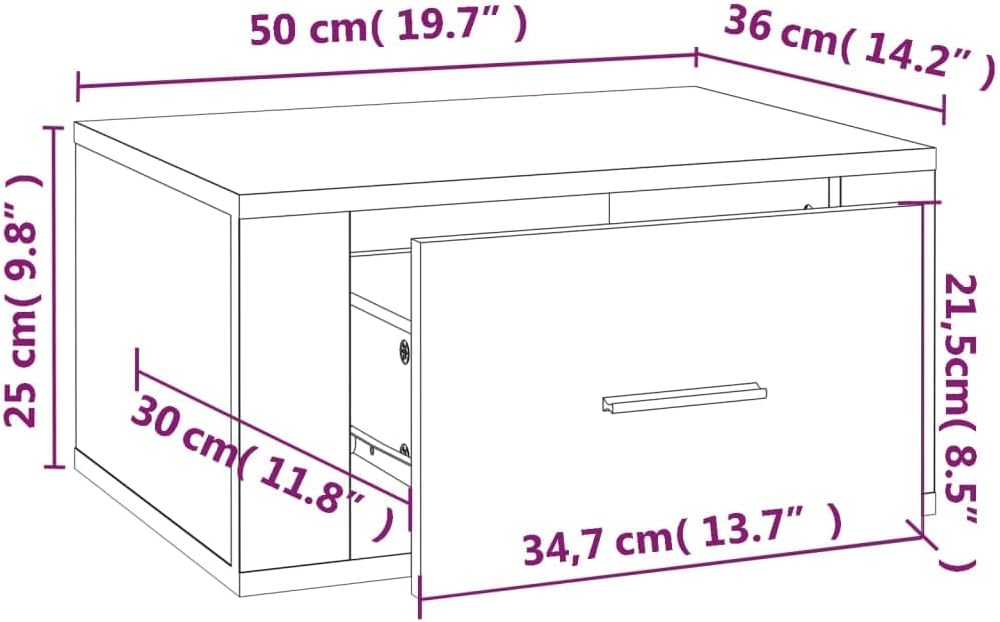 Diagram showing the dimensions of the bedside table: 50 cm length, 36 cm width, 25 cm height, with internal drawer dimensions.