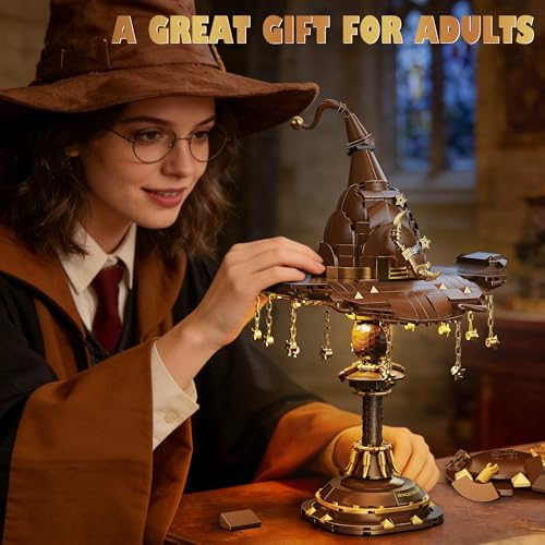 Image of Vziimo Magic Hat Lamp Building Set, MOC Light-Up Wizard Hat Desk Retro Lamp Set with Stars and Chains, Idea Mystical Academy Gift Toy for Movie Fans Teens Adults (698PCS)
