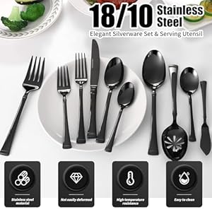 Black Silverware Set Service for 8, 18/10 Stainless Steel, 45 Piece Set, Flatware Cutlery Set with Serving Utensils, Mirror Polished Black Silverware Set Service for 8 1810 Stainless Steel 45 Piece Set Flatware Cutlery Set with Serving Utensils Mirror Polished