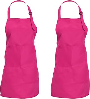CWFUN 2 Pcs of Pink Kids-Children Apron,Aprons for Kids-Boys Girls Adjustable Aprons-Children Kids Kitchen Cooking and Baking Aprons(4-12 Years Old-Children One Size) (Hot Pink, One Size)