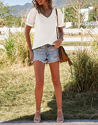 Merokeety Women's Waffle Knit V Neck Lace Short Sleeve Tops Casual Loose Blouses For Women Fashion White #TOP7