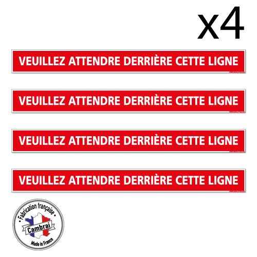 Signalétique.biz France, Signalisation de Sol, Lot de 4 Bandes de Marquage au Sol, Veuillez Attendre Derrière Cette Ligne, 100 x 10 cm (1000 x 100 mm), Adhésif Antidérapant, Coloris Rouge