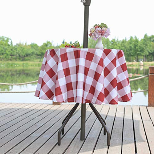 Eternal Beauty Outdoor Tablecloth Round 60” Spillproof Outdoor Tablecloth With Umbrella Hole Zipper For Spring Summer Patio Picnic Table (Burgundy Red Check) #TOP4