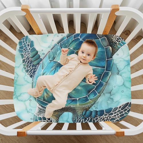 Image of Sea Turtle Crib Sheets Stretchy Portable Sheets for Baby Toddler Breathable Soft Crib Mattress Sheet for Girls Boys