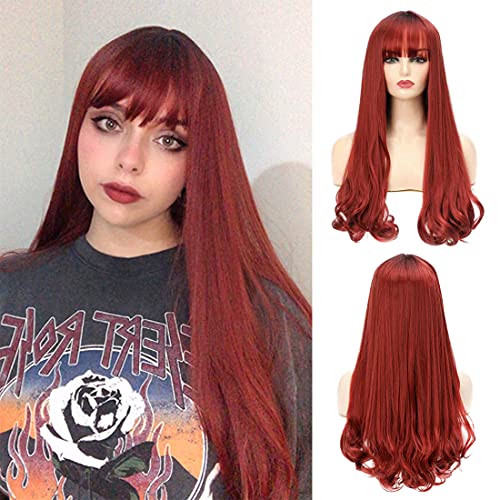 Sallcks Wine Red Wigs With Bangs Red Long Wavy Synthetic Hair Wigs for Women with Dark Roots Heat Resistant Wigs