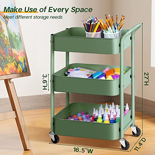 Aooda 3 Tier Under Desk Rolling Cart With Handle And Lockable Wheels, 27'' Height Small Metal Book Cart Mobile Art Cart Rolling Storage Organizer For Office, Kitchen, Bathroom (Aqua Green) #TOP2