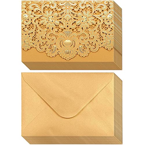 24-Pack Wedding Invitation Cards - Laser Cut Gold Foil and Floral Design Invitation Pockets for Bridal Showers, Engagement Parties, Includes Covers, Blank Inserts, Envelopes, 5 x 7.25 Inches