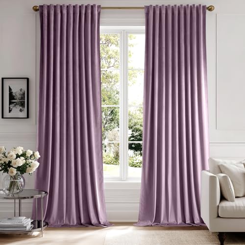 Image of MIULEE Lavender Velvet Pinch Pleat Blackout Curtains W52 X L96 Inches | 2 Panels,Luxury,Thermal Insulated,Super Soft,Purple Tone,Back Tab & Rod Pocket,for Bedroom Living Room