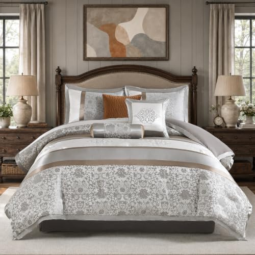 Image of CozyDH Queen Comforter Set Silver Gray - 7 Piece Luxury Jacquard Damask Bed in a Bag, Elegant Embroidery Modern Silk White Patchwork, All Season Down Alternative Bedding with Skirt, Shams, Pillows