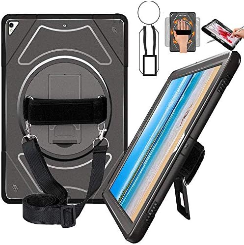 Case for iPad Pro 12.9 2017/2015, Heavy Duty Full Body Rugged Kids Proof iPad Case, Shockproof Protective Case with 360 Degree Swivel Kickstand & Shoulder Strap &Hand Strap for iPad Pro12.9 (Black)