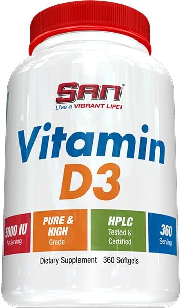 SAN D3 5000IU - Vitamina D3 5000iu (125 mcg) para una función muscular saludable y apoyo inmunológico, sin OMG, sin gluten en aceite de salvado de