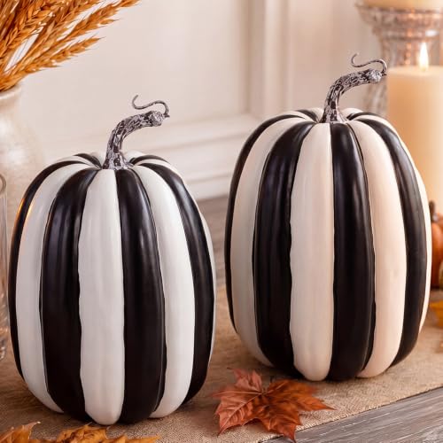 SiliFine 2 Pcs Large Faux Foam Pumpkins 8.6 Inch Black and White Striped Artificial Pumpkins for Fall Decor Halloween Thanksgiving Table Centerpiece Mantel and Porch Decorations