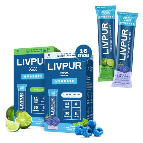 LIVPUR Electrolyte Drink Mix Instant Hydration Powder 16 Sticks Essential Amino Acids Vitamins C B6 B12 Sports Drink Mix (Cool Lime & Blue Raspberry Variety Pack)