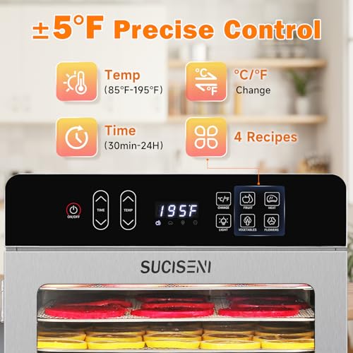 Image of SUCISENI Food Dehydrator Machine for Jerky 11ft, 12 Trays 1000W Stainless Steel Dehydrator with 24H Timer 195℉ Temperature Control, Food Dryer Dehydrated for Meat, Fruits, Veggies, Dog Treats