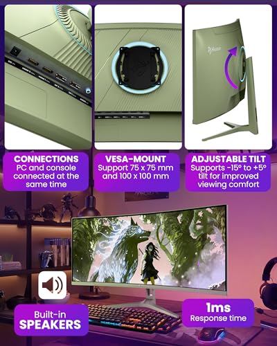 Image of Arozzi Curved Gaming Monitor Nova 34 inch VA 165Hz - Computer Monitor Ultrawide QHD 1440p - Adaptive Sync, HDR10 & Flicker Free Display - 90% sRGB Color Accuracy - PC & Console Ready - Forest Green