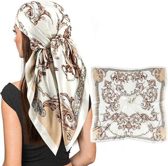 Satin Silk Scarf for Women Stylish - White Square Head Scarves | Lightweight Elegant Bandanas for Ladies - White-image-24