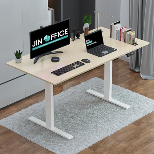 JIN OFFICE Zenith Electric Height Adjustable Table| Standing Desk with 100 Kg Wt. Capacity & 3 Year Warranty| Ergonomic Desk| Sit Stand Table with 3 Memory Preset| White & Maple |1500X750mm/25MM Thick