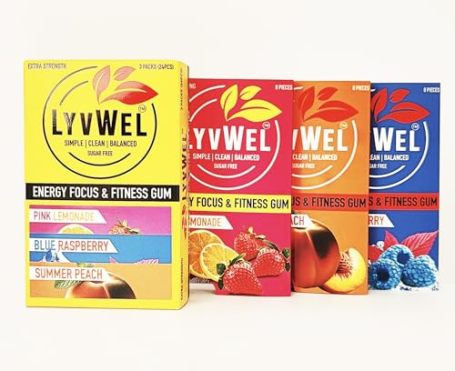 Image of LyvWel Energy Gum | 160mg Caffeine + 100mg Taurine per Serving | All Natural | Sugar-Free Pre-Workout Boost: Your Essential Energy Supplement to Stay Awake (3 Pack, Variety)