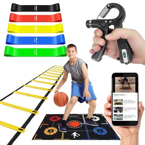 Basketball Training Equipment Dribble Trainer Footwork Training Training Aids with Basketball Training Mat Agility Ladder Hand Grip Strengthener Resistance Bands