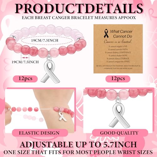 24 Pcs Breast Cancer Awareness Bracelets Team Gift Natural Stone Pink Beaded Bracelet with Inspirational Card for Ribbon Charm Bracelet for Women2