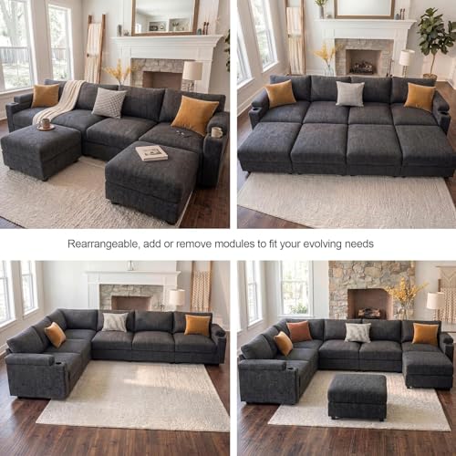 Image of Sectional Couches for Living Room FSC Certified Chenille Modular Couch Oversized Cloud U Shaped Convertible Sleeper Sofa Chaise Detachable Armrest Cushion (Chenille Grey, L Shape 8 Seat)