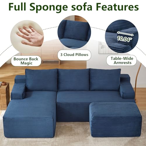 Image of 96.1 inch Modular Sectional Sofa with Ottoman, Modern Corduroy Cloud Couch, Boneless Couch Upholstered 3-Seater U-Shaped Sofa for Living Room, No Assembly (Blue, Right-Facing Chaise)