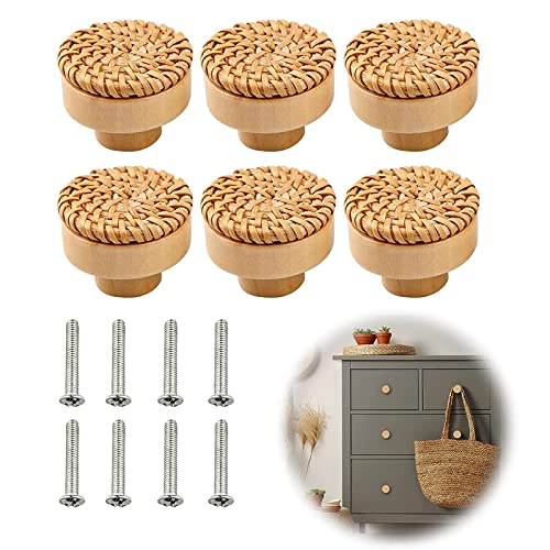 Lnjya Tiradores Cajones Ratán 6 Piezas, 40mm Tiradores Cocina Ratán Tiradores Armarios Pomos y Tiradores Madera Pomo Armario Ratán Tiradores para Cajones, Cocina, Armarios, Muebles, Aparador