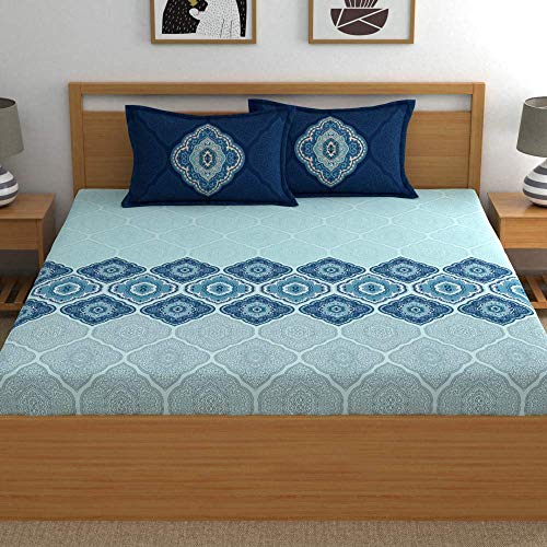 Image of Dreamscape 100% Cotton Queen Fitted Bedsheet with 2 Pillow Covers - (Size 60 x 78 inches, 140 TC, Colour - Blue)
